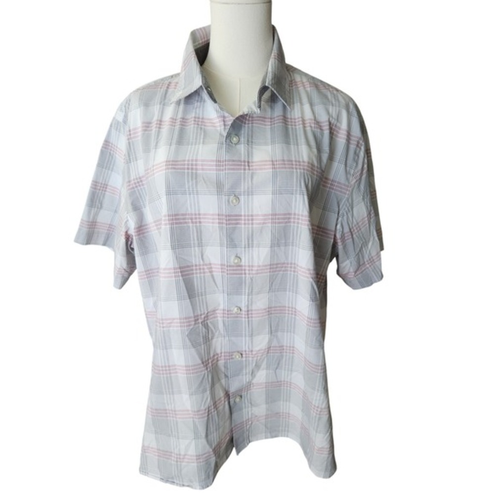 Van Heusen Mens XL Never Tuck Slim Fit Short Sleeve Plaid Button Down Shirt Grey